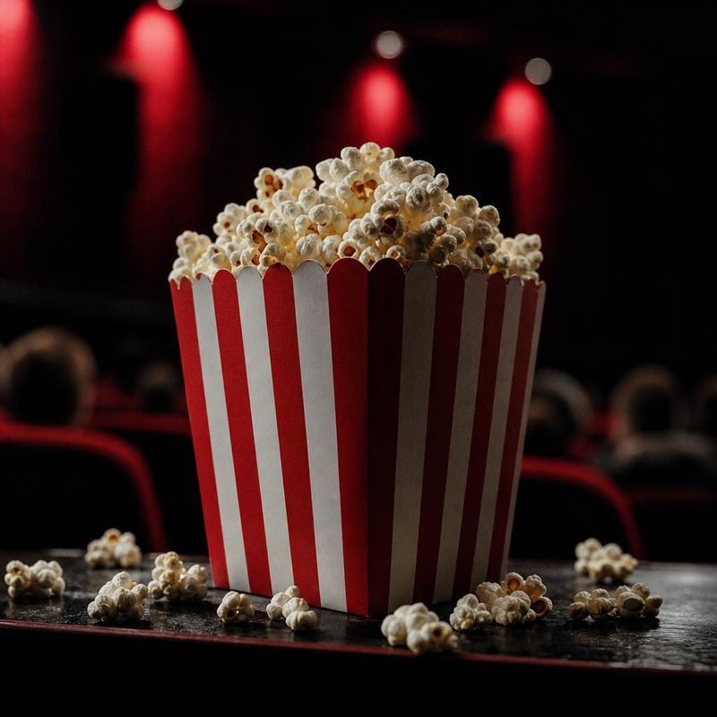 Rot-weiß gestreifte Popcorntüte voller Popcorn vor unscharfen Kinolichtern (mit AI erstelltes Bild)