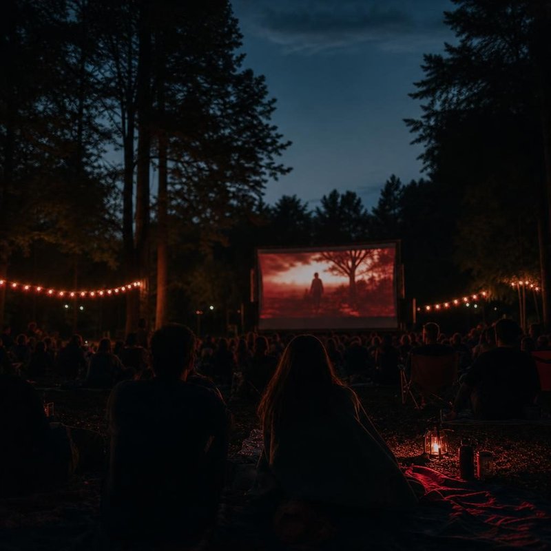 Open-Air-Kino in der Abenddämmerung, Publikum von hinten auf einer Wiese vor einer Leinwand zwischen Bäumen (mit AI erstelltes Bild)