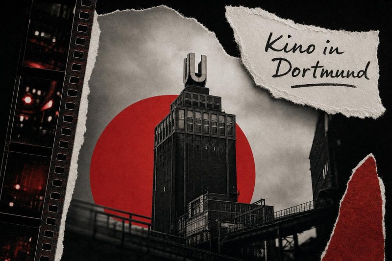 Collage mit einem Schwarzweißfoto eines Backsteinturms mit großem U auf dem Dach, einem roten Kreis, einem Filmstreifen und dem handgeschriebenen Schriftzug Kino in Dortmund (mit AI erstelltes Bild)