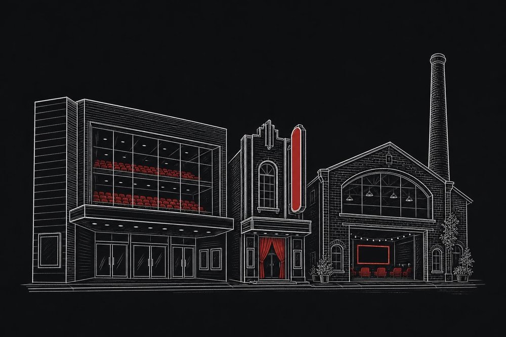 Strichzeichnung dreier unterschiedlicher Kinogebäude nebeneinander: Multiplex, schmale Programmkino-Fassade und umgebaute Industriehalle