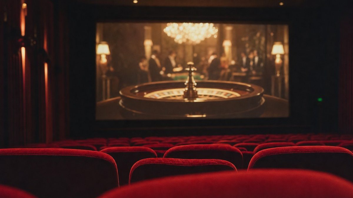 Rote Samtsessel in einem Kinosaal vor einer Leinwand mit einer klassischen Casino-Filmszene