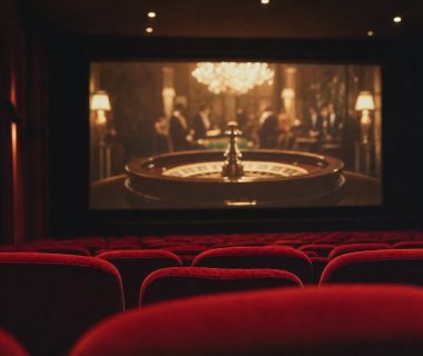 Rote Samtsessel in einem Kinosaal vor einer Leinwand mit einer klassischen Casino-Filmszene